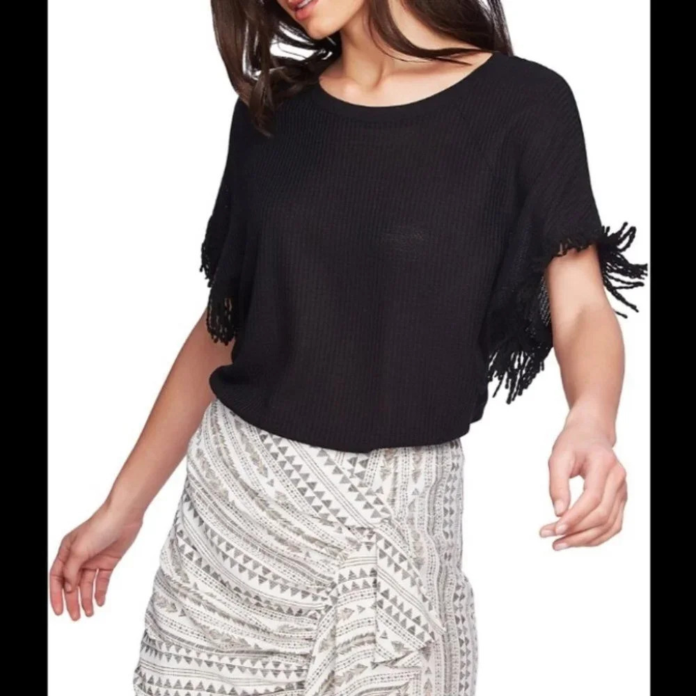 NWT 1. STATE Fringe Sleeve Honeycomb  Knit Top